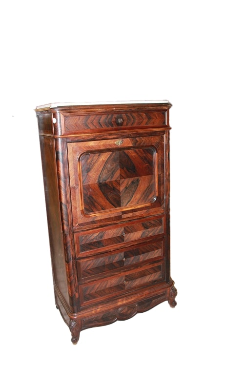 Pequeño secreter francés estilo Luis Felipe del siglo XIX en madera de palisandro con tapa de mármol blanco