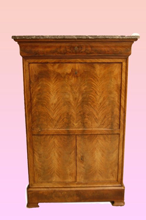 Antico secretaire francese del 1800 stile Impero in legno di mogano e piuma di mogano con piano in marmo