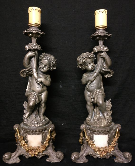 Spettacolare coppia di Candelieri Liberty in Antimonio con inserti in Carrara - H 60 cm - Venezia
