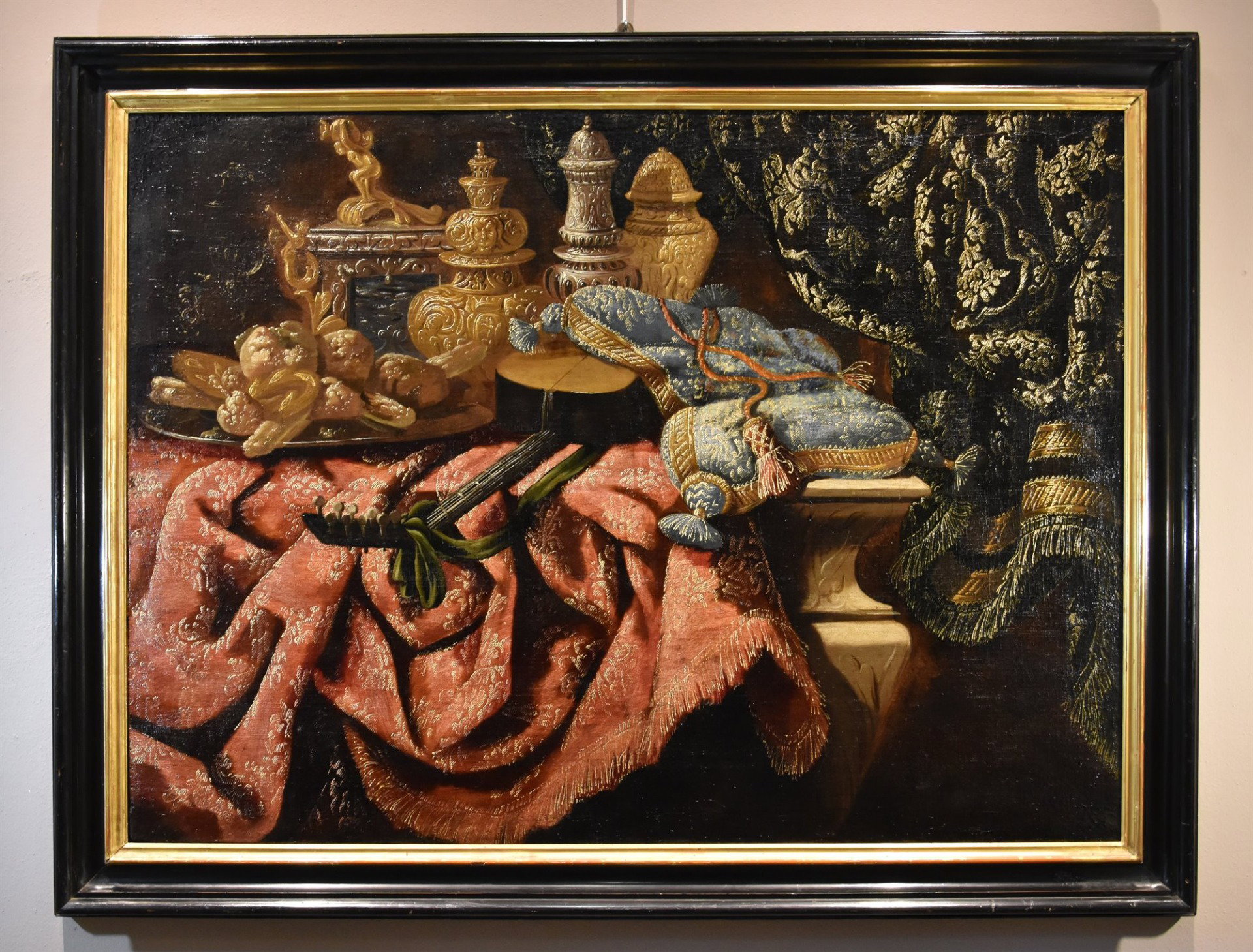 Antonio Tibaldi (Rome, c. 1633 - c. 1684), Still life with precious objects, brocade fabrics, and a plate of sweets