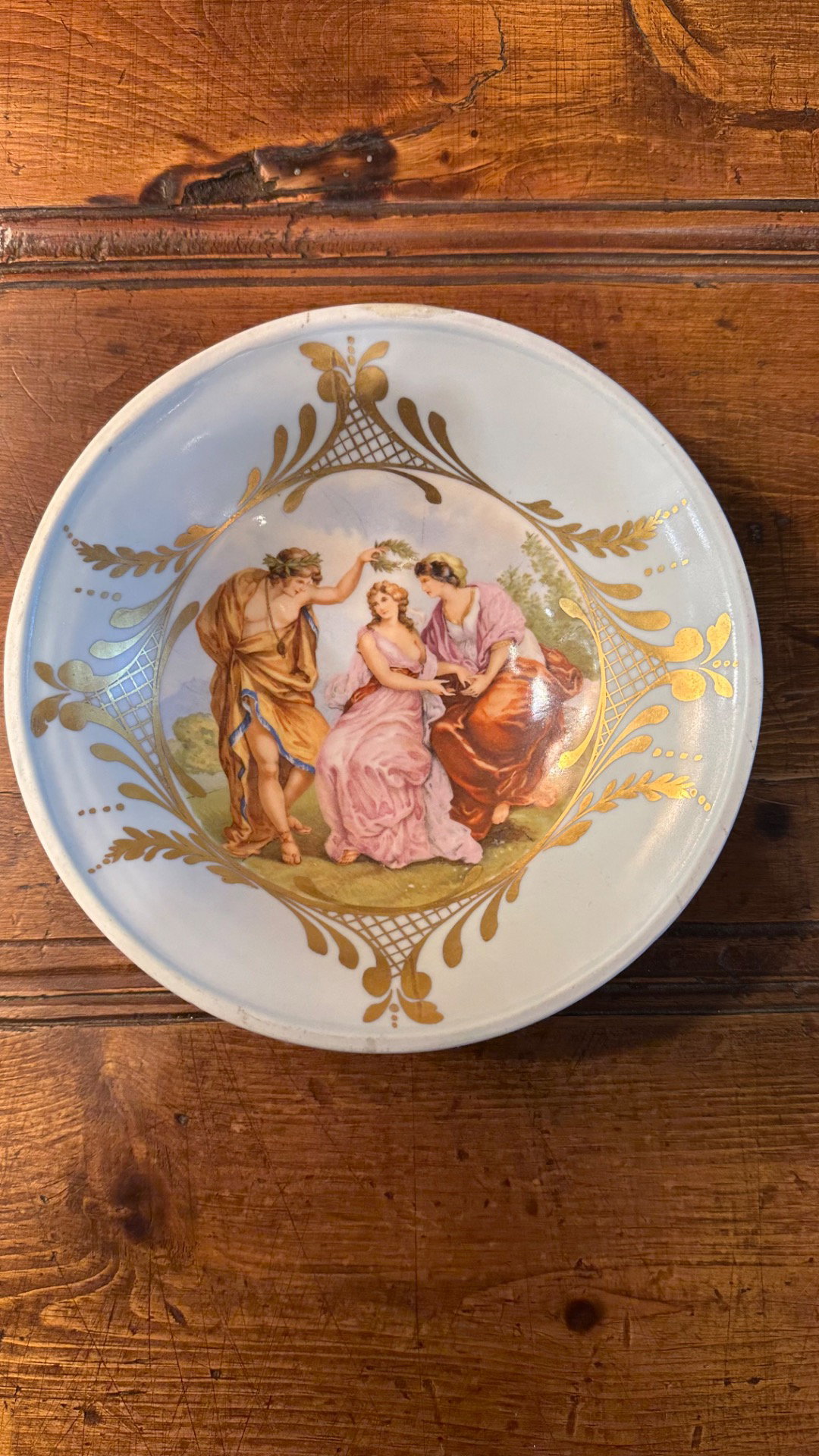 Hand-painted porcelain plate with neoclassical scene of Europe, late 19th century