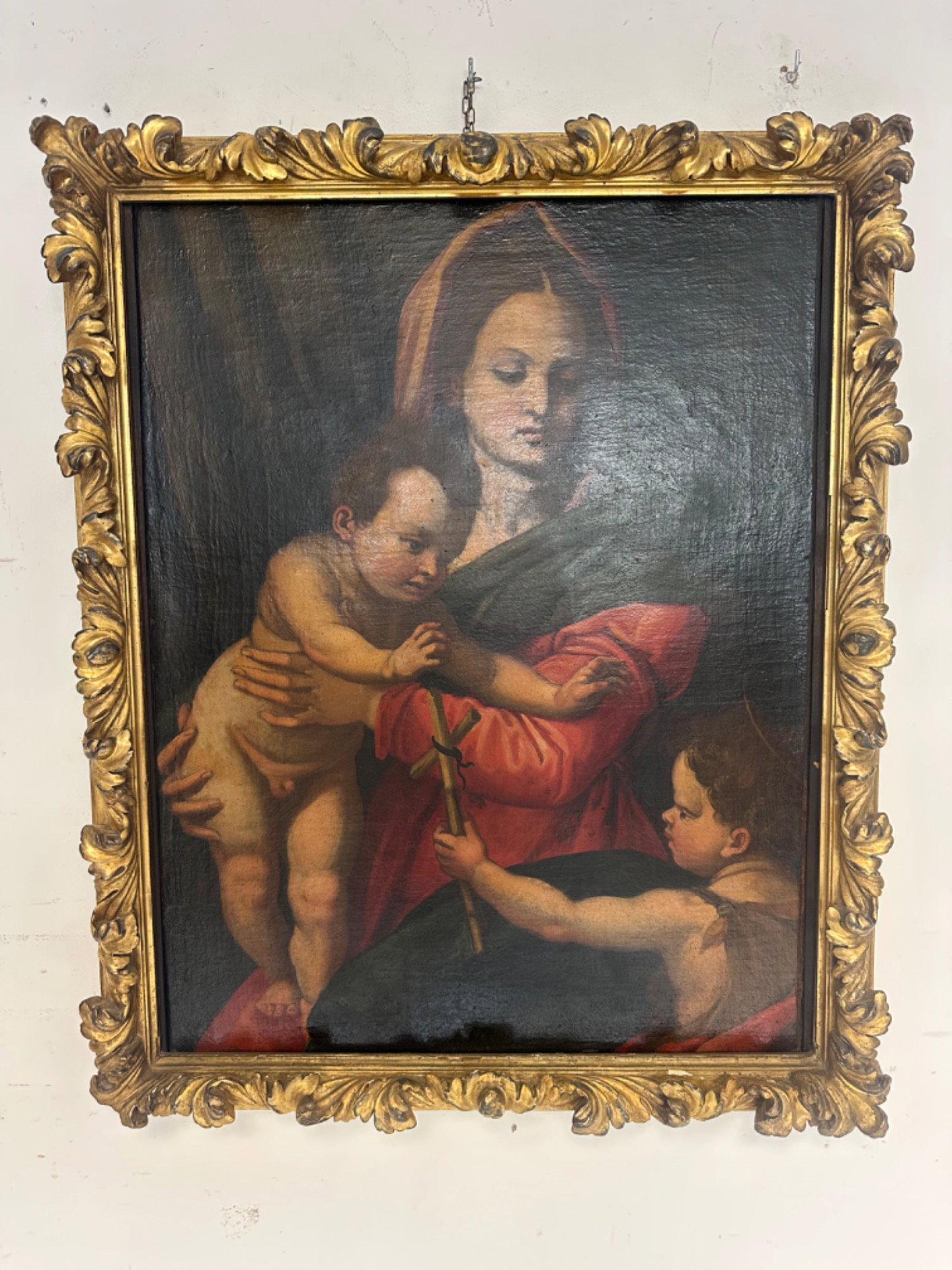 Oil on canvas Madonna with Child and Saint John the Baptist. Andrea del Sarto copy from. 16th century.