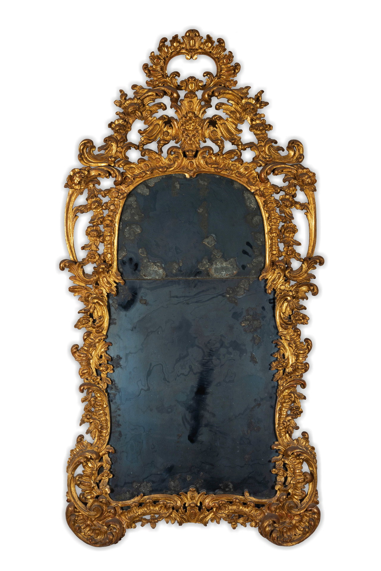 Barockspiegel aus geschnitztem und vergoldetem Holz, Turin, Mitte des 18. Jahrhunderts