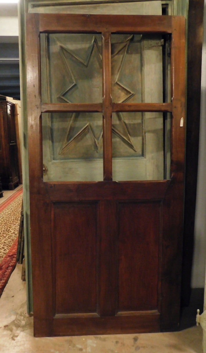 pti694 - Tür mit Glas in Nussbaum, 19. Jahrhundert, Maße cm B 95 x H 200 x T. 4