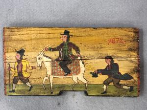 Painted wooden panel of a Sicilian cart with a painted scene. Dated 1872.