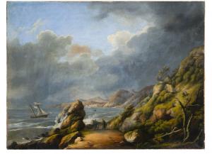 Scuola francese del XIX secolo "Marina con veliero e figure"
