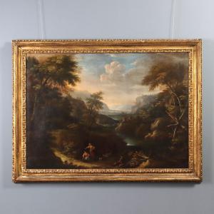 Dipinto del XVIII Secolo con Paesaggio e Figure Olio su Tela