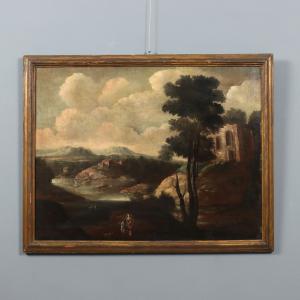 Dipinto Paesaggio con Edificio e Figure