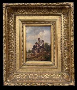 Dipinto olio su tavola raffigurante tre fanciulli in ambiente agreste.