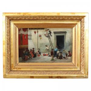 Artista ignoto del secolo XIX dipinto olio su tela bimbi in gioco