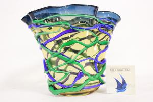 Vaso in vetro di Murano blu e giallo firmato Cammozzo 5 Kg