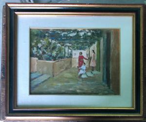 Dipinto olio su tavola con figure e veranda.Firma: Arturo Tosi.