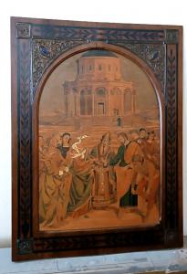 Pannello intarsiato ,cornice intarsiata ,primi 900 Italia ,sposalizio della vergine da Raffaello