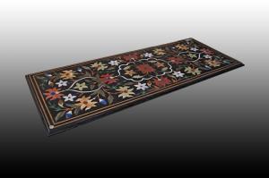Italian black marble table with hard stone floral motif