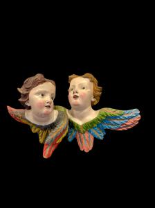 Pair of carved and painted wooden Angel-cherubs. Liguria.