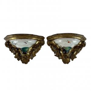 Pair of Italian Antique Gilt Wood Shelves With Majolica