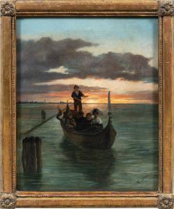 G. Jeanson (attivo a Venezia, XIX secolo) - Veduta della laguna di Venezia con gondola e figure al tramonto.