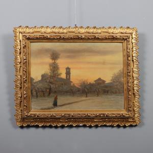 Gemälde von Ugo Gheduzzi, Dorfansicht bei Sonnenuntergang