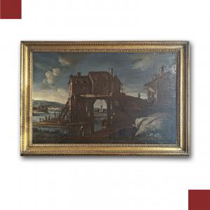 GRANDE DIPINTO CON PAESAGGIO E FIGURE FINE DEL XVII SECOLO