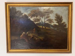 Olio su tela.  Paesaggio con figure .XVII secolo 