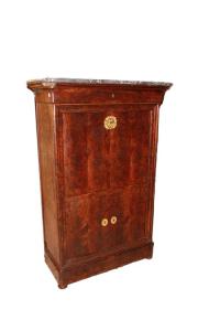 Secretaire francese stile Impero in Piuma di mogano con piano in Marmo Nero
