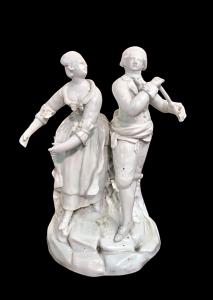 Sculpture with gallant scene in white porcelain. Antonibon manufacture, Nove di Bassano.