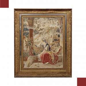 PAINTING WITH EMBROIDERED FABRIC, EARLY 19TH CENTURY