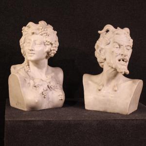 Pair of 19th-century white marble sculptures, Satyr and Bacchante