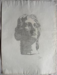 Desenho a lápis sobre papel retratando uma cabeça de mármore. Arturo Pietra. Bolonha.