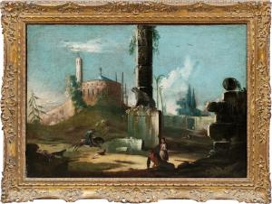 Pittore veneziano (XVIII secolo) - Capriccio architettonico con rovine classiche e leone araldico.