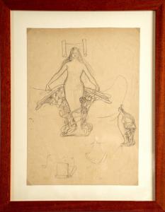 Figura feminina com pergaminho e motivos, Rubaldo Merello, lápis sobre papel