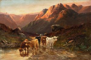 W. Richards (British, late 19th century) — Scottish landscape with a herd of Highland cattle.