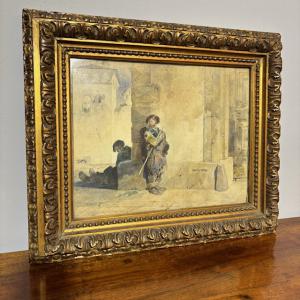 Antico dipinto acquarello , di grande qualità ,  firmato  Paolo Riccardi 1853 . Torino Mis 60 x 51