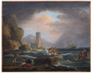  Jean Michel Diebolt | Veduta marina con tempesta e navi | Olio su tela