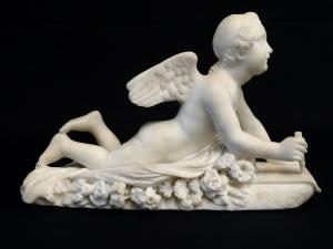 Skulptur aus weißem Marmor, signiert Pompeo Marchesi, Amor mit Schreibtafel, 1840