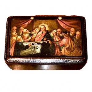 Papier-mâché box with painted scene of the Last Supper. France.