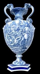Majolica vase in turquoise monochrome with a battle scene. Fantechi manufacture. Signa.