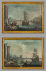 Paolo Maria Antoniani, Vistas de porto com figuras e navios, par de óleos sobre tela