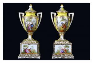 Pair of small Dresden porcelain amphora vases with lids