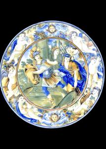 Majolica plate decorated with a mythological scene and border with cherubs and masks. Castelli d'Abruzzo. Gentile Workshop.