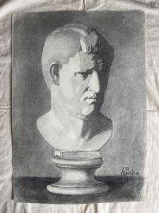 Desenho a lápis sobre papel representando busto de mármore. Arturo Pietra. 1902