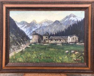 Pintura a óleo sobre tela representando paisagem de montanha. Autor: Umberto Montini (Milão 1897 - Busto Arsizio 1978).