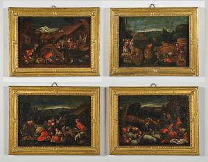 Serie von vier Ölgemälden auf Leinwand, Werkstatt des Bassano, venezianische Schule des 17. Jahrhunderts.