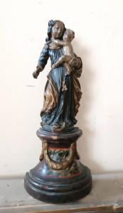 Antica scultura policroma in legno barocco ,madonna con bambino