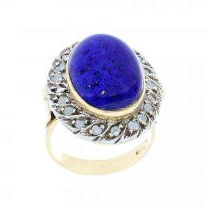Anello in oro giallo e argento con lapislazzuli e diamanti