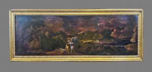 Tobia e l’Arcangelo Raffaele in paesaggio boschivo, olio su tela, Genova inizio XVIII secolo