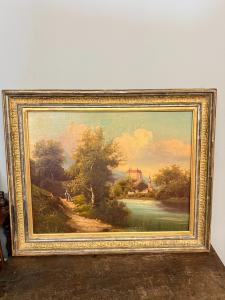 Antico dipinto olio su tela scuola austriaca XIX sec, 67x78cm, con paesaggio e castello