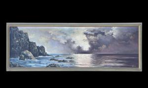 Oil painting on panel with seascape. Signed.