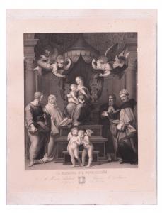Antique print: "The Madonna of the Baldachin" Giovanni Fosella 1860ca from Raphael