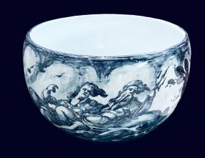 Cachepot Portavaso in maiolica in monocromia turchina.A.Vaccari.Albisola.